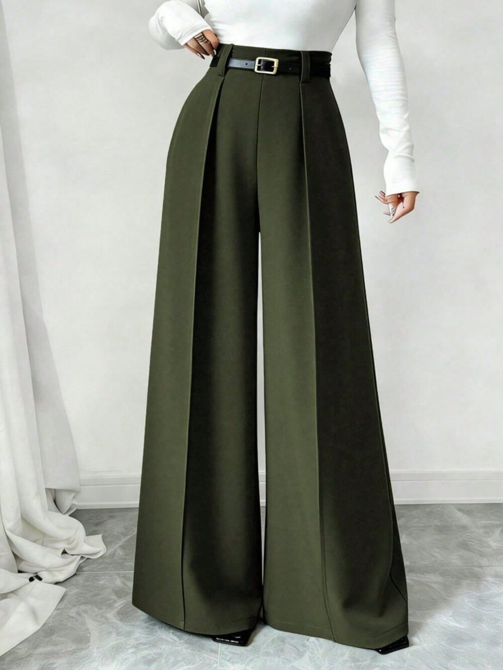 Army Green Elegant Women's Straight Loose Mid Waist Pants